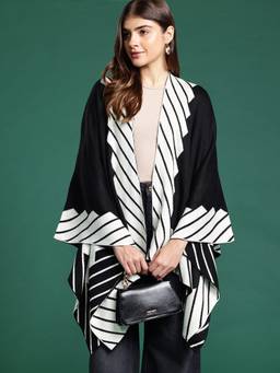 CAYMAN - Black Women Pure Acrylic Striped Poncho