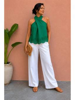 Label Tanvee - Emerald Green Schiffli Twist Halter Cotton Top
