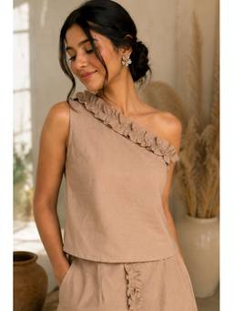 Label Tanvee - Beige One Shoulder Ruffle Cotton Top