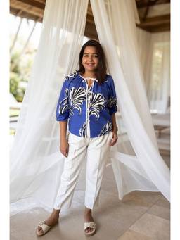 Label Tanvee - Blue Floral Cotton Buttoned Top