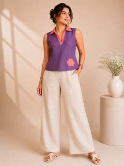 Label Tanvee - Purple Cotton Linen Applique Sleeveless Top