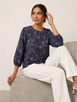 Moomaya - Blue Women's Printed Buttoned Casual Top
