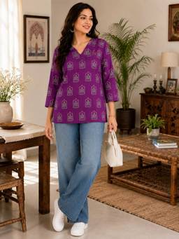 MYSHKA - Women Purple Cotton V-Neck Three-Fourth Sleeve Top