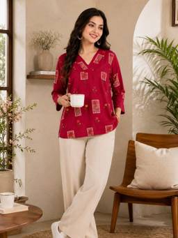 MYSHKA - Women Red Cotton V-Neck Three-Fourth Sleeve Top