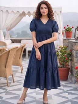 ZUMMER - Schiffli Navy Blue Smocked Tiered Dress