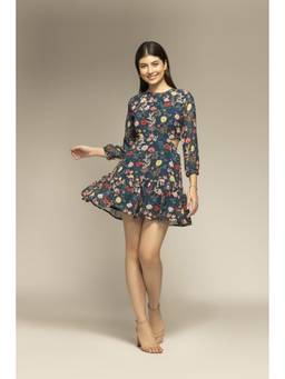 OCTICS - Teal Blue Flared Cutout Tiered Dress