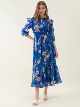 OCTICS - Blue Floral Printed Flared Dress