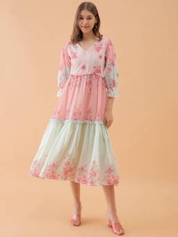 OCTICS - Pink Floral Printed Fit And Flared Dress