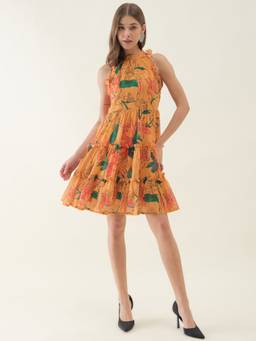 OCTICS - Orange Lotus Printed Dress