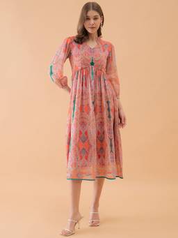 OCTICS - Red Floarl Printed Flared Dress