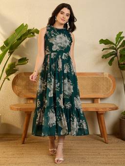 OCTICS - Green Floral Printed Frilled Dress