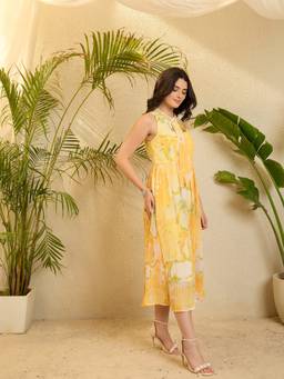 OCTICS - Yellow Lime Printed Georgette Crushed Dress