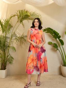 OCTICS - Orange Floral Printed Georgette Crushed Dress
