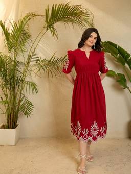 OCTICS - Red Embroieded Flared Dress