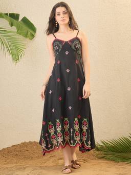 OCTICS - Black Ethnic Motifs Embroidered A-Line Dress