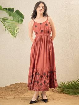 OCTICS - Rust And Black Floral Embroidered Fit And Flare Dress