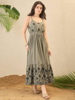 OCTICS - Olive Green Ethnic Motifs Embroidered A-Line Dress