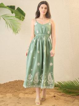 OCTICS - Green Floral Embroidered A-Line Dress