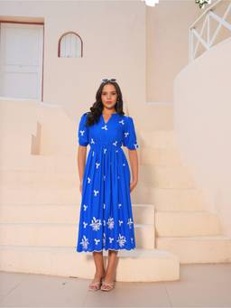 OCTICS - Blue Embrioderd Falred Dresses