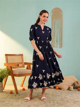 OCTICS - Indigo Navy Blue Embrioderd Falred Dresses