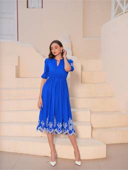 OCTICS - Blue Embroieded Flared Dress