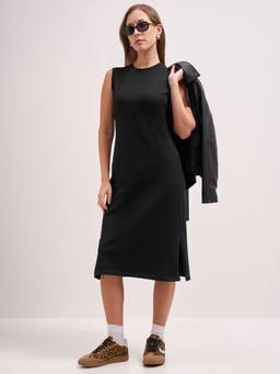 TOKYO TALKIES - Women Black Solid Round Neckline Sleeveless Tank Dress