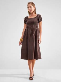 TOKYO TALKIES - Women Brown Fit And Flared Tiered Solid Dress