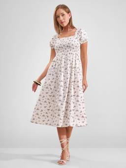 TOKYO TALKIES - Women White Fit And Flared Tiered Gathers Dress