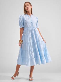 TOKYO TALKIES - Women Blue Fit And Flared Tiered Gathers Dress