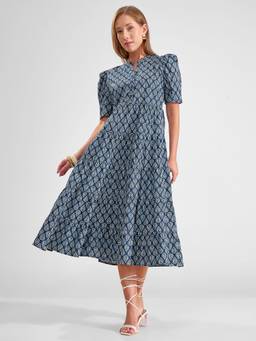 TOKYO TALKIES - Navy Blue Women Blue Fit And Flared Tiered Gathers Dress