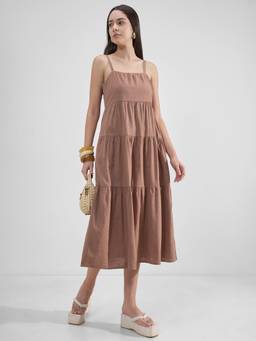 TOKYO TALKIES - Women Brown Solid Adjuster Strap Tiered Dress