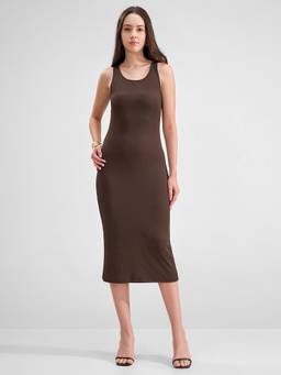 TOKYO TALKIES - Women Brown Sleeveless Round Neck Back Slit Dress