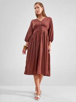 TOKYO TALKIES - Women Brown Fit And Flare V Neckline Dress
