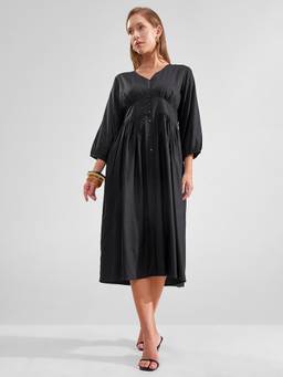 TOKYO TALKIES - Women Black Fit And Flare V Neckline Dress