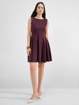 TOKYO TALKIES - Women Burgundy Short Sleeveless Boat Neck Dresss