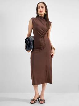 TOKYO TALKIES - Brown Solid High Neck Bodycon Sleeveless Dress