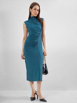 TOKYO TALKIES - Blue Solid High Neck Bodycon Sleeveless Dress