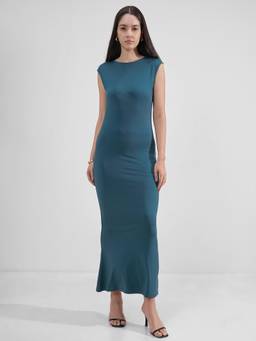TOKYO TALKIES - Blue Women Teal Round Neckline Bodycon Sleeveless Dress
