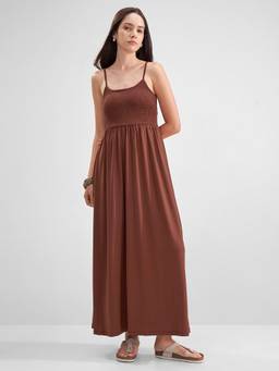 TOKYO TALKIES - Women Brown Strappy Gathered Waist Square Neck Dress