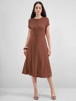 TOKYO TALKIES - Women Brown A Line Round Neck Sleeveless Dress