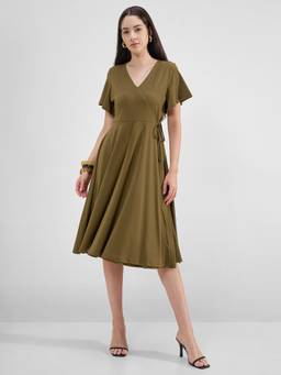 TOKYO TALKIES - Women Green V Neck Full Sleeve Collared Dress