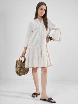 TOKYO TALKIES - White Flared Sleeve A-Line Dress