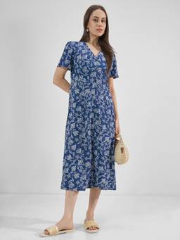 TOKYO TALKIES - Navy Blue Floral Print A-Line Dress