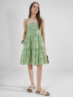TOKYO TALKIES - Green Women Tropical Print A-Line Dress