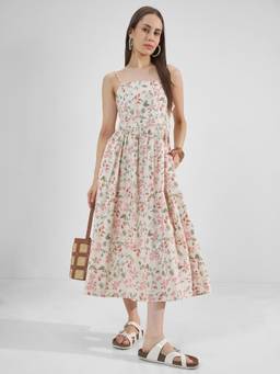 TOKYO TALKIES - Cream Floral Print A-Line Dress