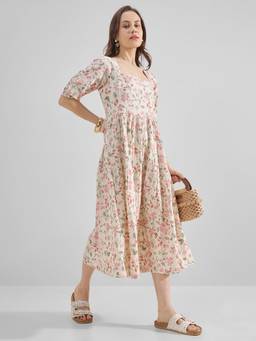 TOKYO TALKIES - Cream Floral Print Puff Sleeve A-Line Dress