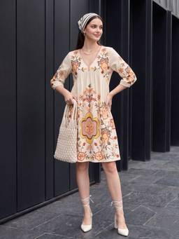 ZUMMER - Beige Floral Embroidered Puff Sleeve Short Dress