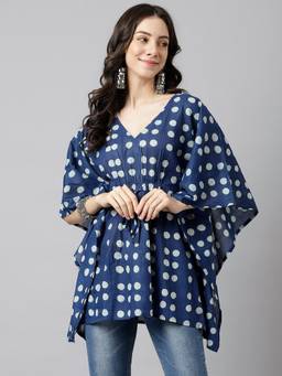 DECKEDUP - Blue Women's Print Kaftan Cotton Longline Top