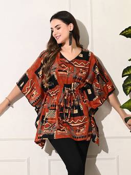 DECKEDUP - Brown Women's Brown Tie-Up Kaftan Top