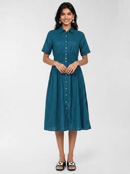max - Blue Women Solid Smocked Shirt Dress